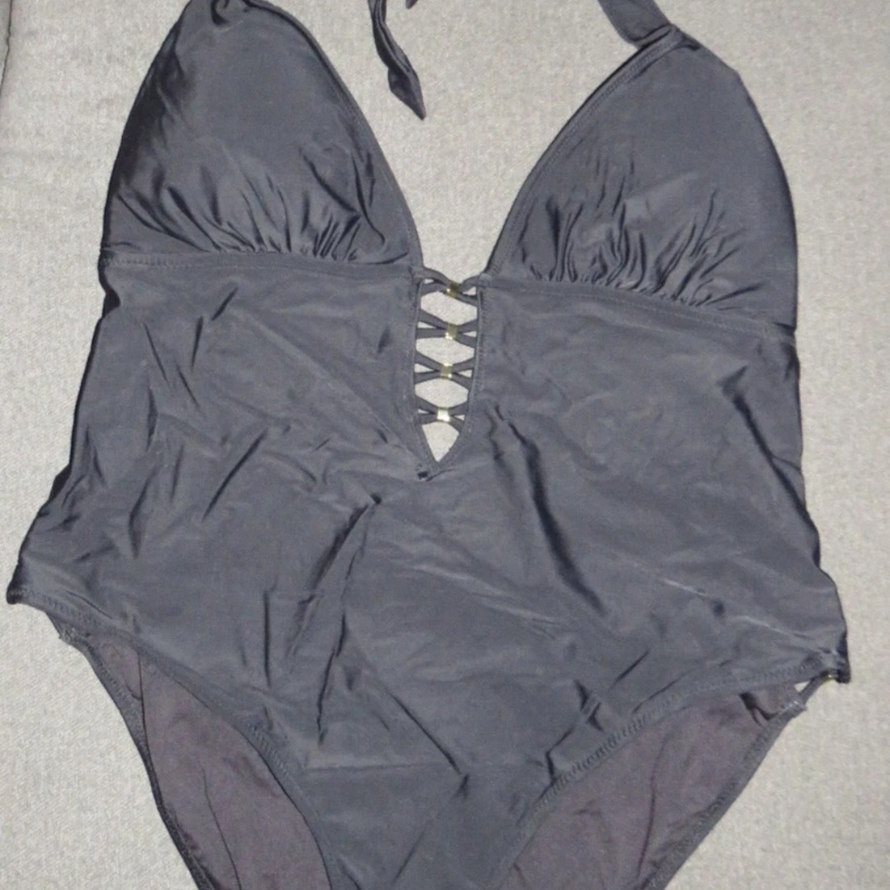 City Chic Black Plunge One-Piece Swimsuit with Lace-Up Front - Picture 6 of 8